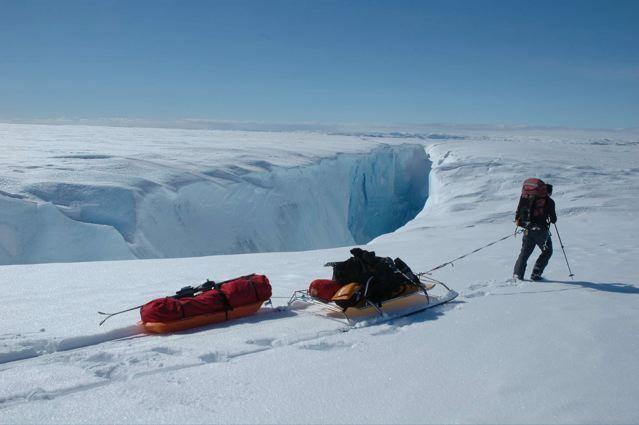 KiteSled hauling by crevasse, Greenland '06