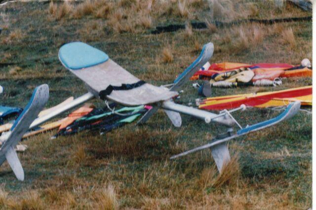 Peter Lynn kite buggy, first, before wheels were fitted, 1989.