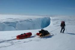 <p>KiteSled hauling by crevasse, Greenland '06</p>